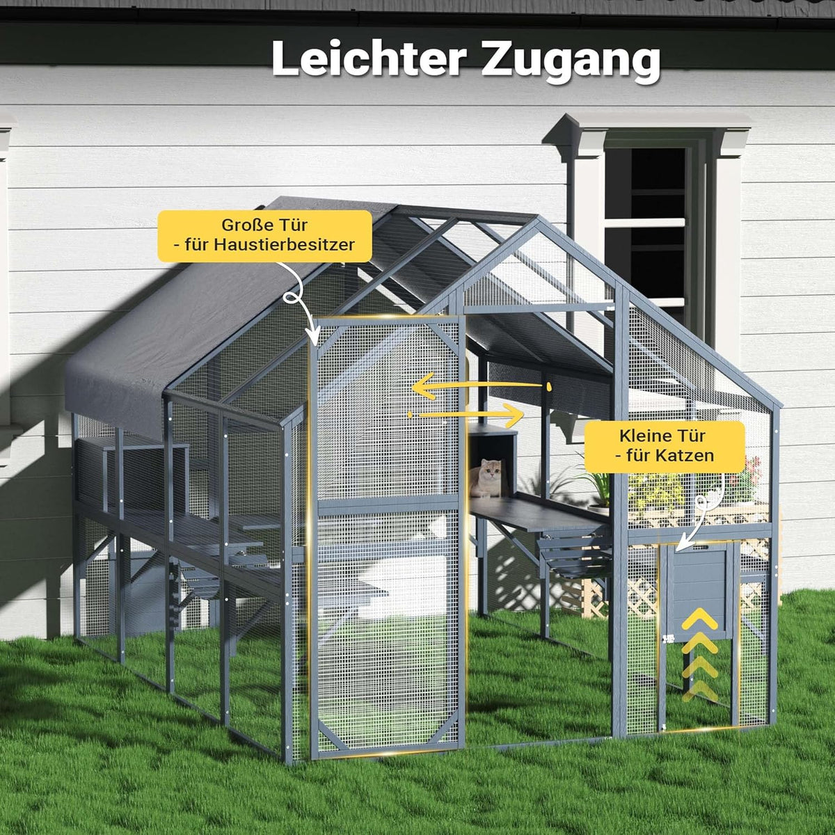 Wiltec kattenren 280 x 187 x 187 cm, buitenverblijf voor katten, speelkooi van dennenhout, kattenkooi voor speelruimte voor katten en huisdieren, kattenvolière met waterdicht dak