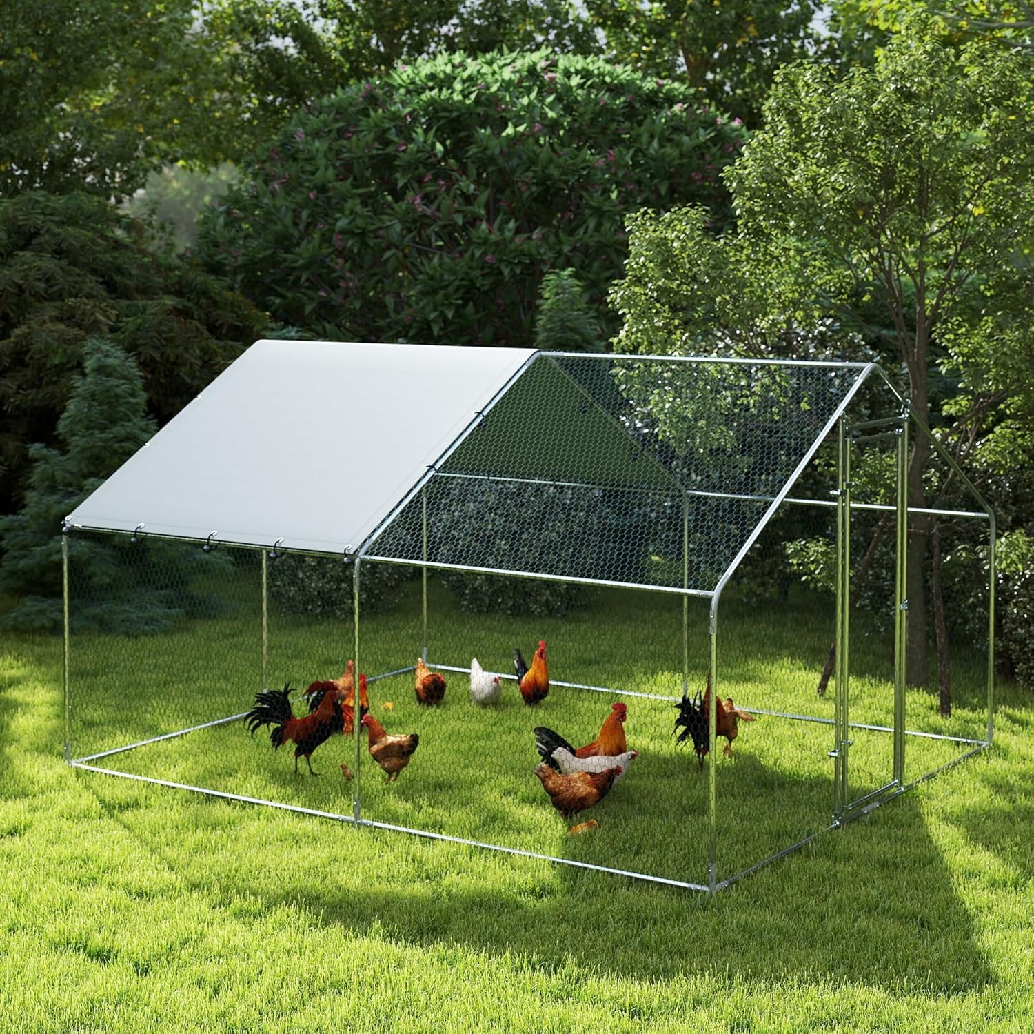 PawHut Chicken Coop 10.2 m² 3 x 3.4 x 1.90 m with UV-resistant waterproof cloth, security lock, door, chicken coop for 10-15 chickens, silver, steel - QUORE