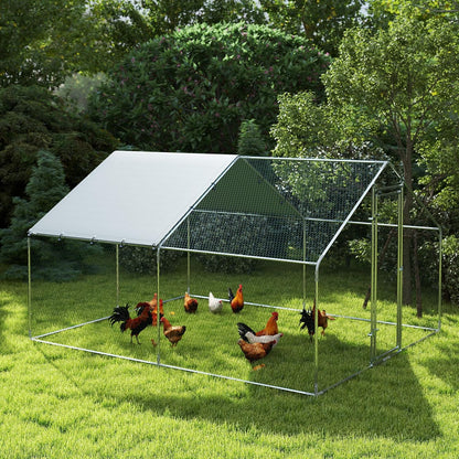 PawHut Chicken Coop 10.2 m² 3 x 3.4 x 1.90 m with UV-resistant waterproof cloth, security lock, door, chicken coop for 10-15 chickens, silver, steel - QUORE