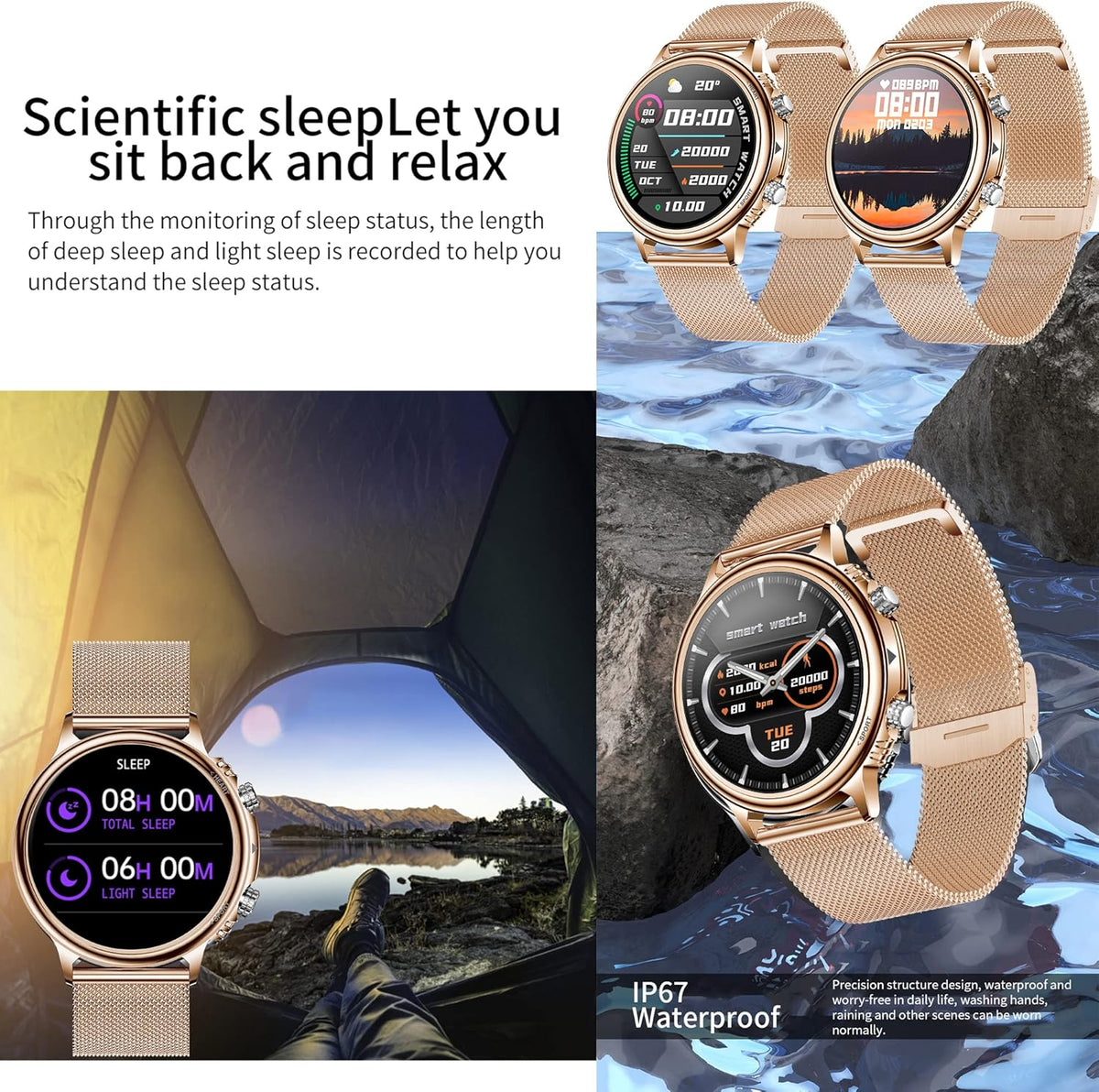 Smartwatch Dames met Bellen/Kiezen via Bluetooth, Smart Watch voor Dames, Slaapmonitor Menstruatie volgen, Calorie Stappenteller Stopwatch Smart Activity-Armband voor Android iOS (Goud)