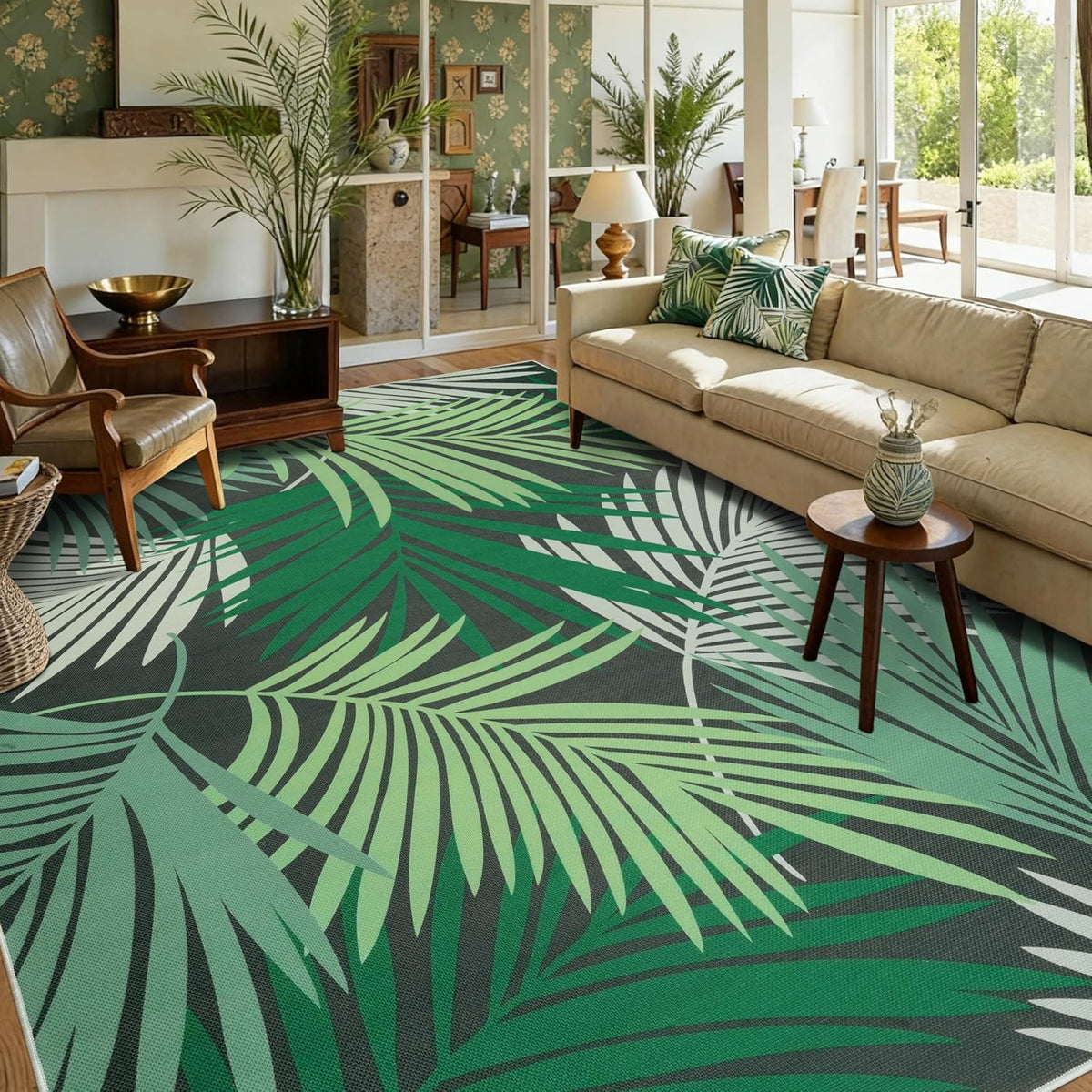 Cekene Vloerkleed voor binnen en buiten, weerbestendig, voor woonkamer, balkon, keuken, terras, plat tapijt, sisal-look, met groene bladeren, 200 x 300 cm