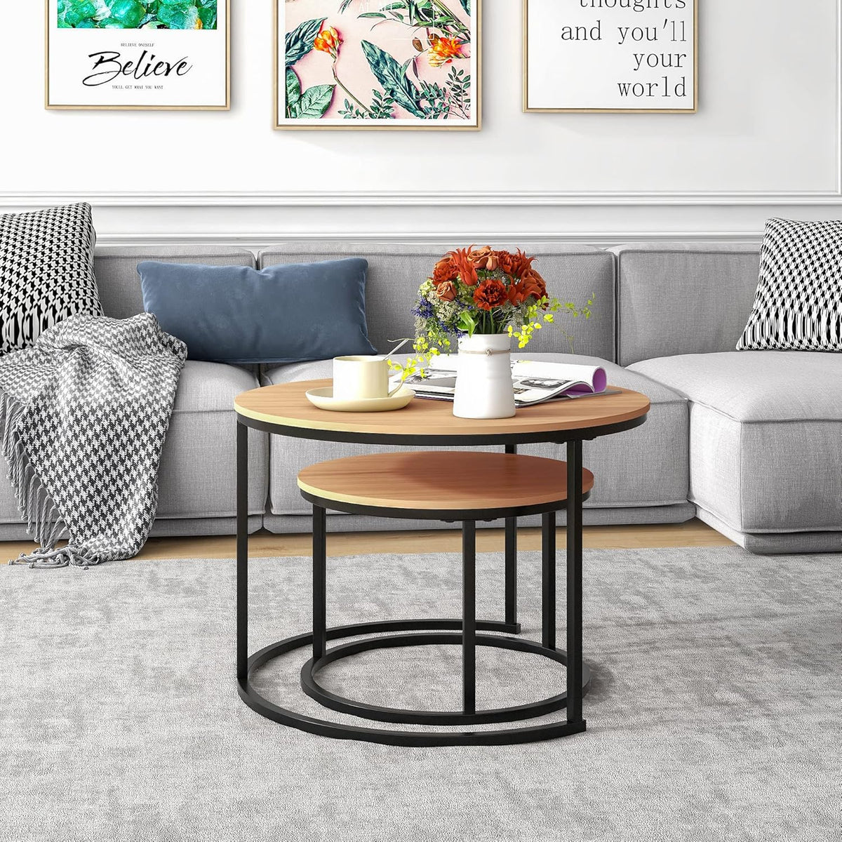 HOJINLINERO Zwarte ronde salontafel set van 2 bijzettafels voor woonkamer, 69,5 x 49 cm industriële stapelen eindtafels, houtlook accentmeubilair met metalen frame eindtafel voor slaapkamerdecoraties,