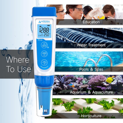 Apera Instruments PC60 Premium 5-in-1 multiparameter-meter (pH-waarde, geleidbaarheid/EC, TDS, zoutgehalte, temperatuur, pH 0,01/1% nauwkeurigheid, verwisselbare elektrode, waterdicht)