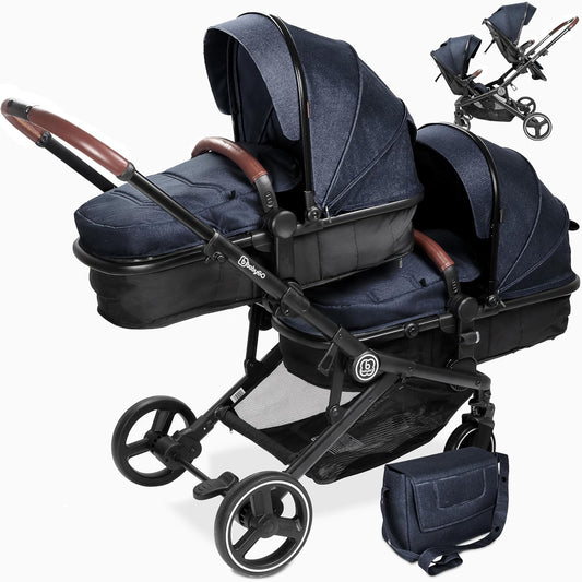 babyGO Kinderwagen 3-in-1 voor tweelingen, kinderwagen, broers en zussen voor baby's, dubbele kinderwagen/dubbele kinderwagen voor 2 kinderen, met veel accessoires (grijs, antraciet gemêleerd, zonder