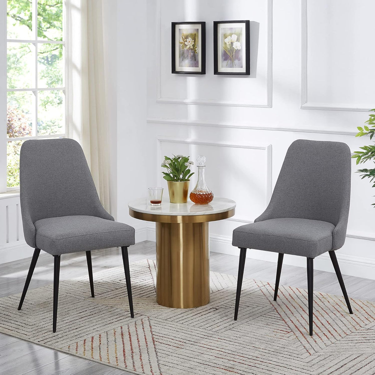 Ball & Cast Gestoffeerde keukenstoelen, set van 2, moderne eetkamer, comfortabele zijstoel met gewatteerde zitting en metalen poten, grijs