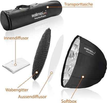 Walimex pro Studio Line Deep Rota Softbox QA90 Octabox lichtvormer, 90 cm Ø, 71 cm diepte, opvouwbaar, met rooster, binnen- en buitendiffuser, speedring, voor opsteekflitser systeemflitser