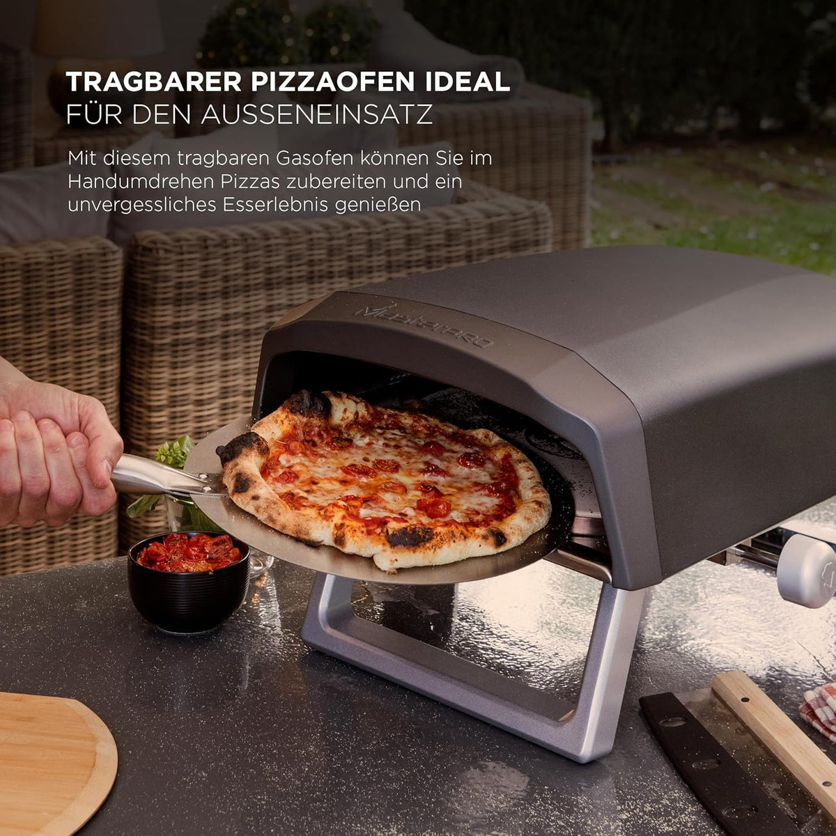 MasterPRO Napoli Draagbare gas-draaide-pizzaoven, snel en gelijkmatig garen, vermogen tot 500 °C, pizza's in 60 seconden klaar, draagtas en stenen dienblad inbegrepen