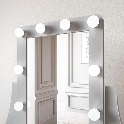 Grey Dressing Table with Hollywood Lamps Mirror Drawers and Padded Stool Set - QUORE