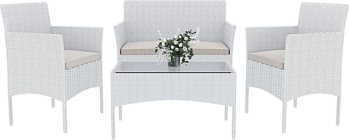Arreditaly Tuinmeubelset, woonkamer, rotan, 4-zits met tafel en glazen rek, 2 stoelen en 2-zits, voor tuin, buitenzwembad, afneembare kussens (wit)