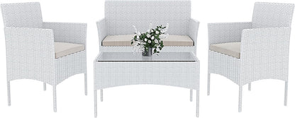 Arreditaly Tuinmeubelset, woonkamer, rotan, 4-zits met tafel en glazen rek, 2 stoelen en 2-zits, voor tuin, buitenzwembad, afneembare kussens (wit)