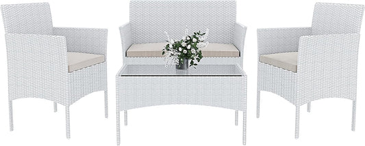 Arreditaly Tuinmeubelset, woonkamer, rotan, 4-zits met tafel en glazen rek, 2 stoelen en 2-zits, voor tuin, buitenzwembad, afneembare kussens (wit)