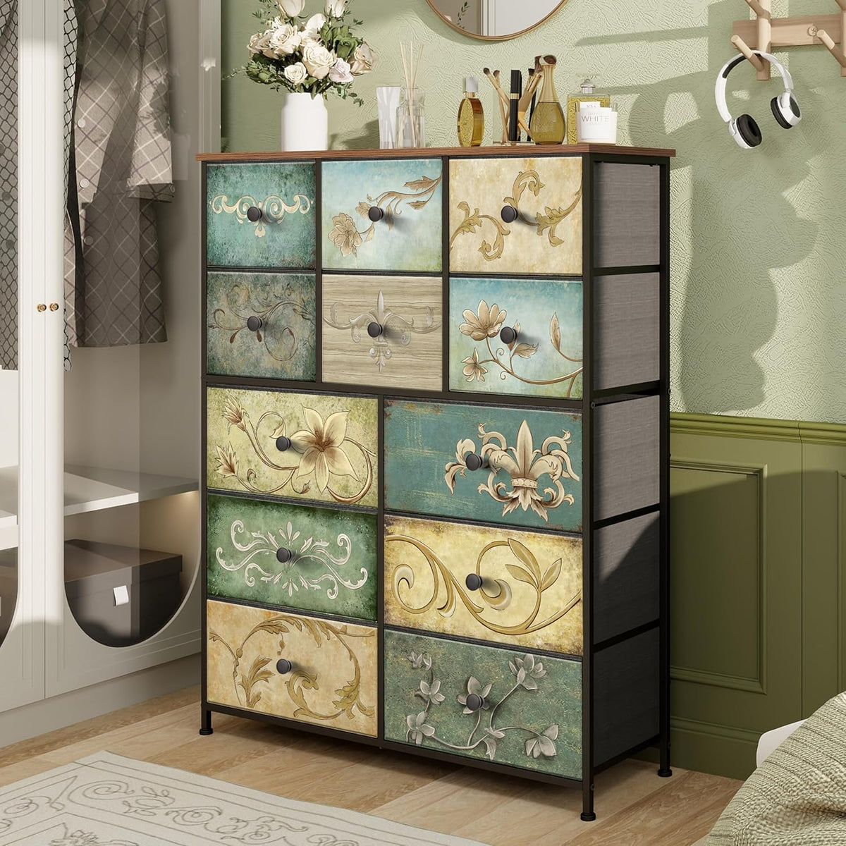 VEDECASA Commode met 12 laden, industriële ladekast, stoffen commode, metalen frame, houten oppervlak, stoffen laden voor woonkamer, kinderkamer, hal, rustiek