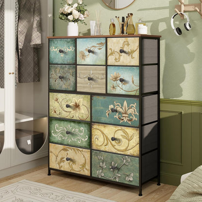 VEDECASA Commode met 12 laden, industriële ladekast, stoffen commode, metalen frame, houten oppervlak, stoffen laden voor woonkamer, kinderkamer, hal, rustiek