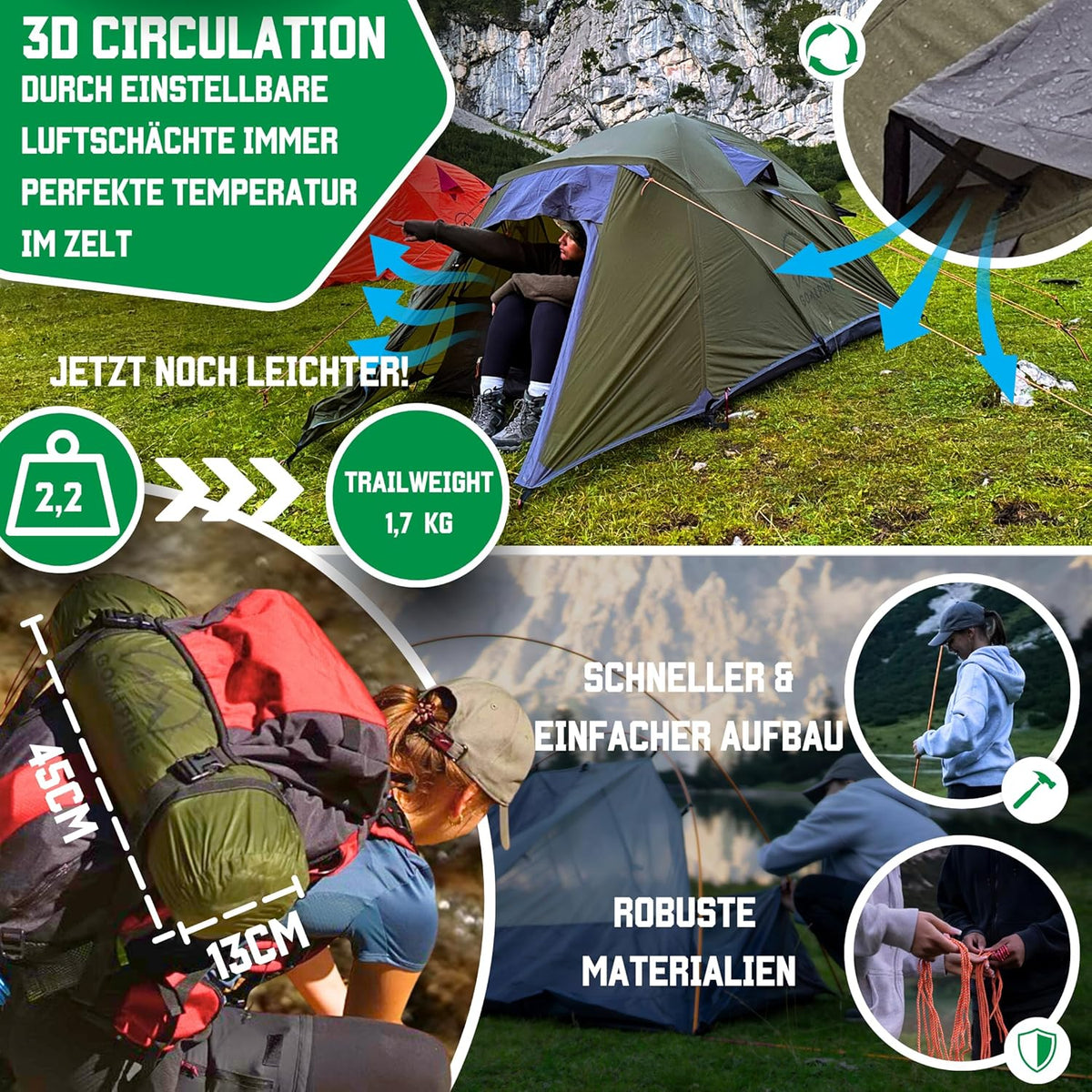 GOALPINE® ESKAPADE II Tent voor 2 grote personen, waterdicht, 4000 mm, kleine verpakkingsmaat, voor wandelen, bergtochten en bikepacking, ultralicht, 3 seizoenen, snelle opbouw