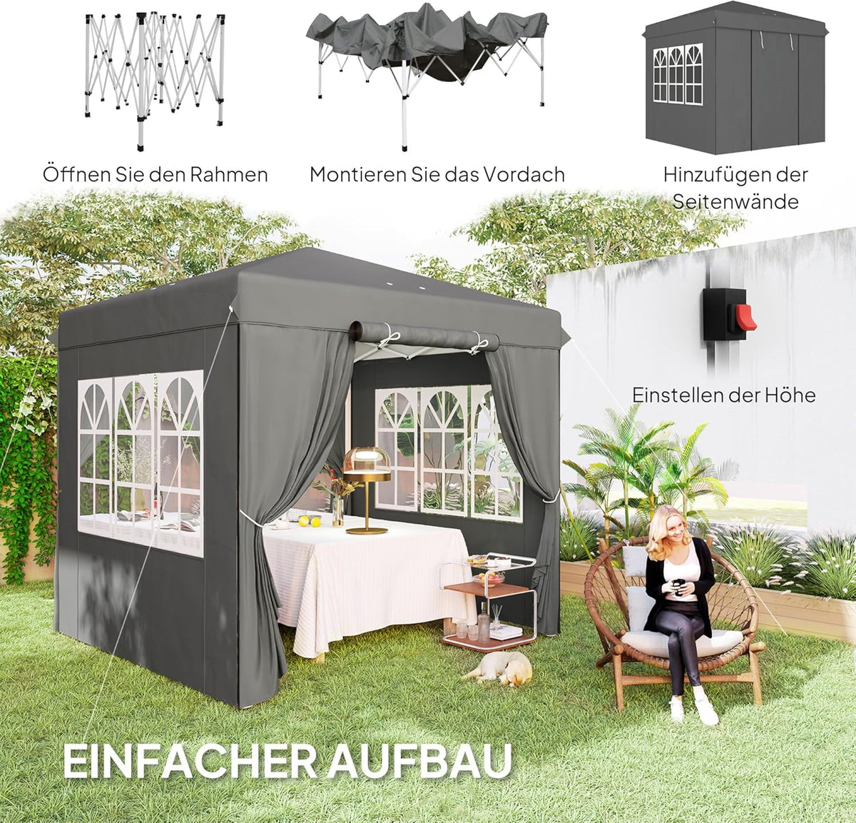 Paviljoen – Tuinpaviljoen – Vouwtent – Partytent – Campingtent – Pop-up Snel Op te Zetten – UPF 50+ UV Bescherming – 2,5x2,5m – Donkergrijs
