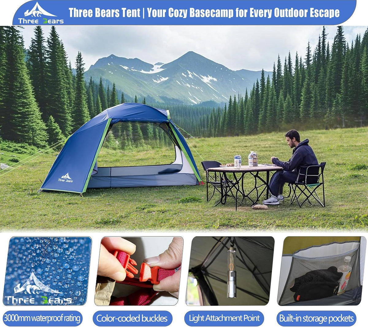 ThreeBears 2-persoonstent, waterdicht en winddicht, lichte trekkingtent met aluminium stangen en waterdicht polyester, ideaal voor kamperen, wandelen, bergbeklimmen en reizen, snelle opbouw
