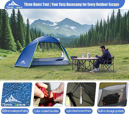 ThreeBears 2-persoonstent, waterdicht en winddicht, lichte trekkingtent met aluminium stangen en waterdicht polyester, ideaal voor kamperen, wandelen, bergbeklimmen en reizen, snelle opbouw