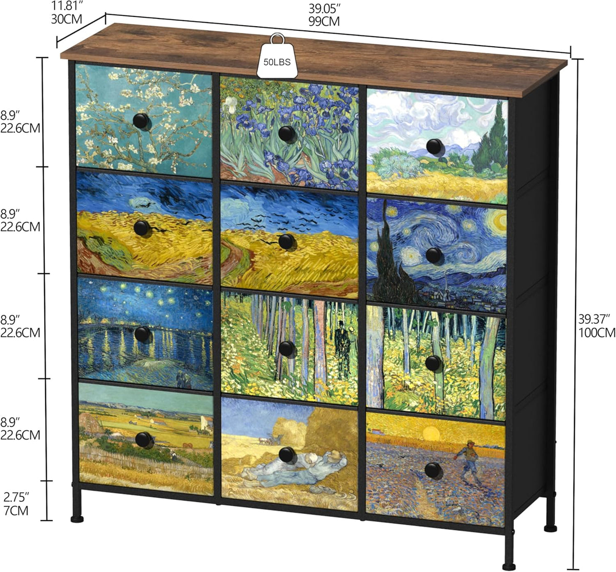 VEDECASA Commode voor slaapkamer kast met 12 laden van stof Van Gogh opbergtoren voor kast voor woonkamer kinderkamer hal kantoor metalen frame houten plaat stoffen commode