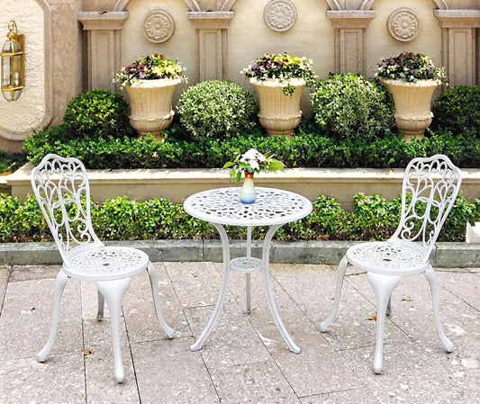 Pamapic Bistrosets, gegoten aluminium tuinmeubelset met 2 stoelen, tuinset, opengewerkt snijdesign, balkonmeubels voor tuin, terras en balkon, wit