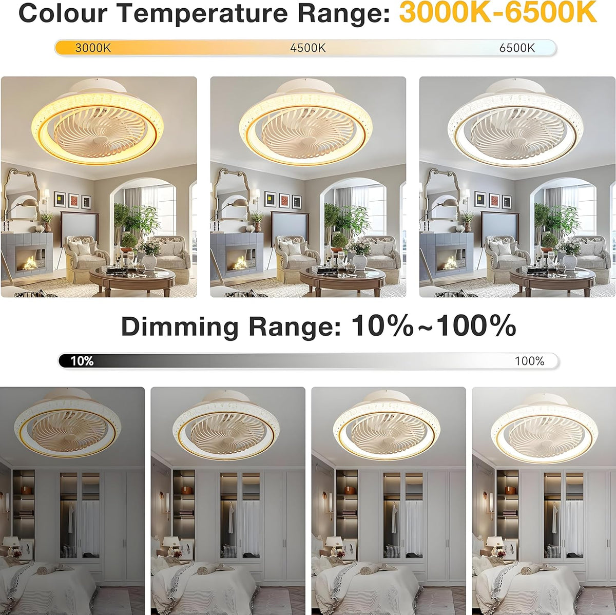Stille Plafondventilator met Verlichting, 75W Dimbare LED Plafondlamp met Ventilator, 360° Rotatie, Omkeerbare Plafondventilator met Licht en Afstandsbediening APP, 6 Snelheden, Timer, Goud