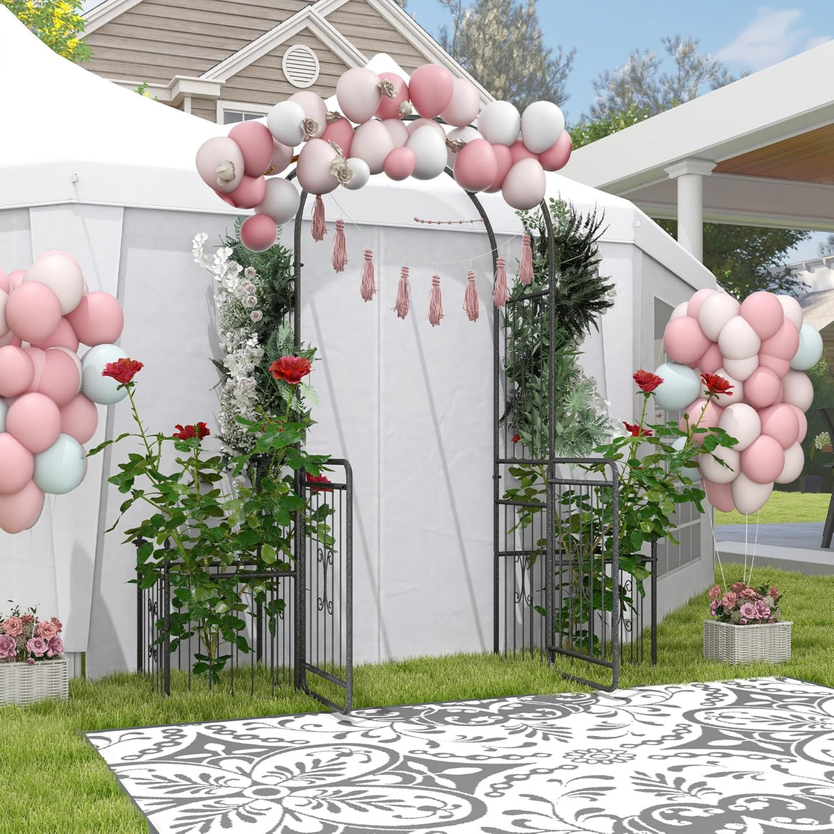 Outsunny Metal Garden Arbor Arch with Double Doors, 2 Side Planters, Climbing Vine Frame, Black - QUORE