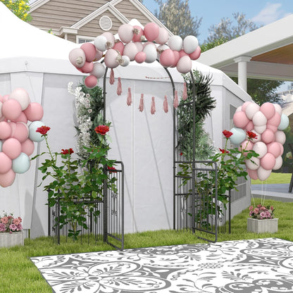 Outsunny Metal Garden Arbor Arch with Double Doors, 2 Side Planters, Climbing Vine Frame, Black - QUORE