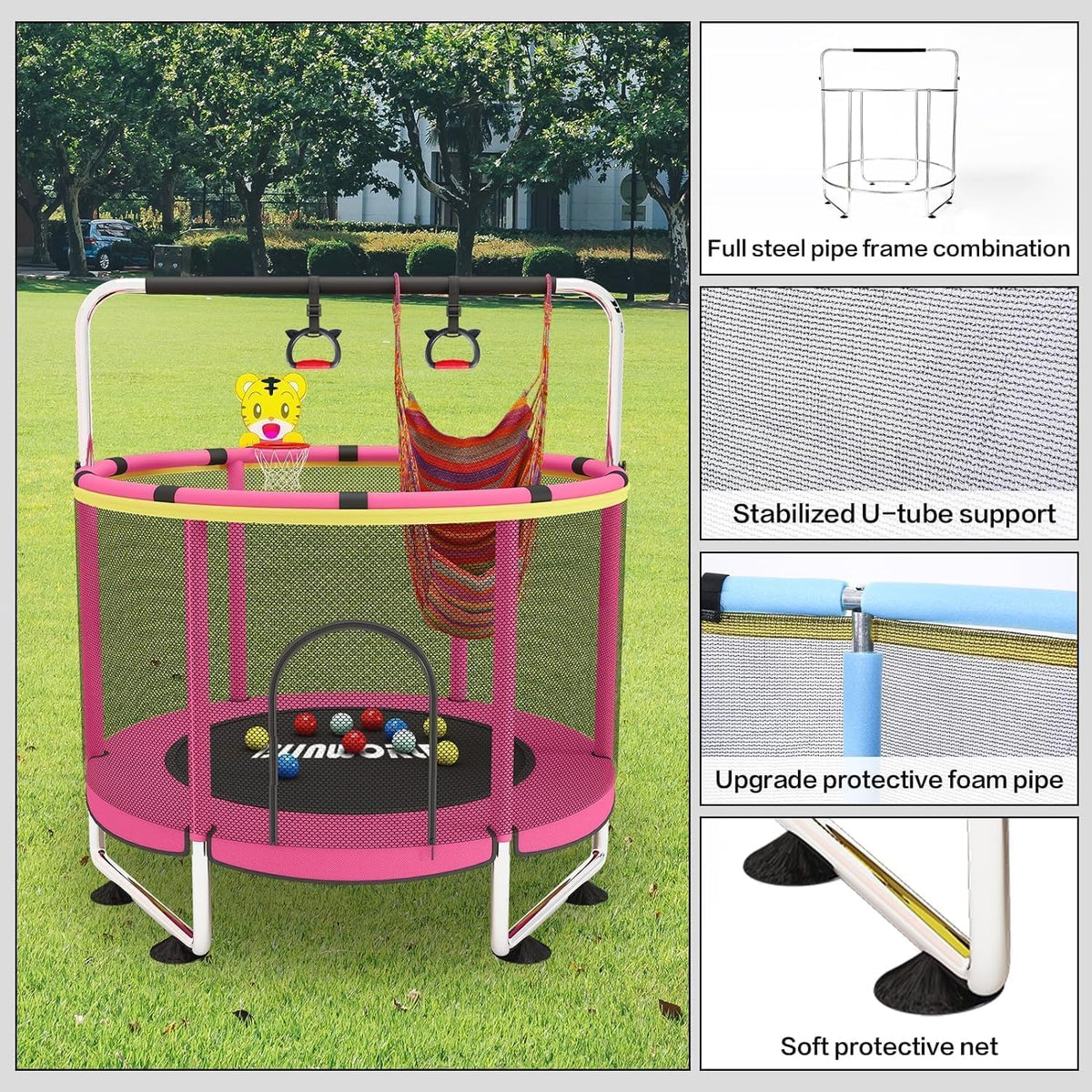 Trampoline voor kinderen, verstelbare baby peuter trampoline met basketbalring, 420 lbs indoor outdoor peuter trampoline met behuizing