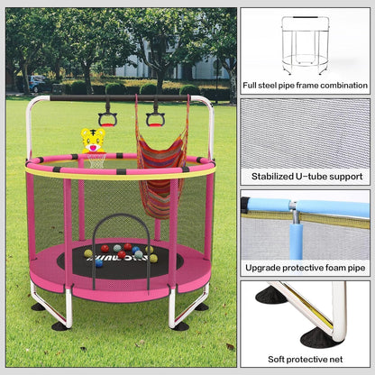Trampoline voor kinderen, verstelbare baby peuter trampoline met basketbalring, 420 lbs indoor outdoor peuter trampoline met behuizing