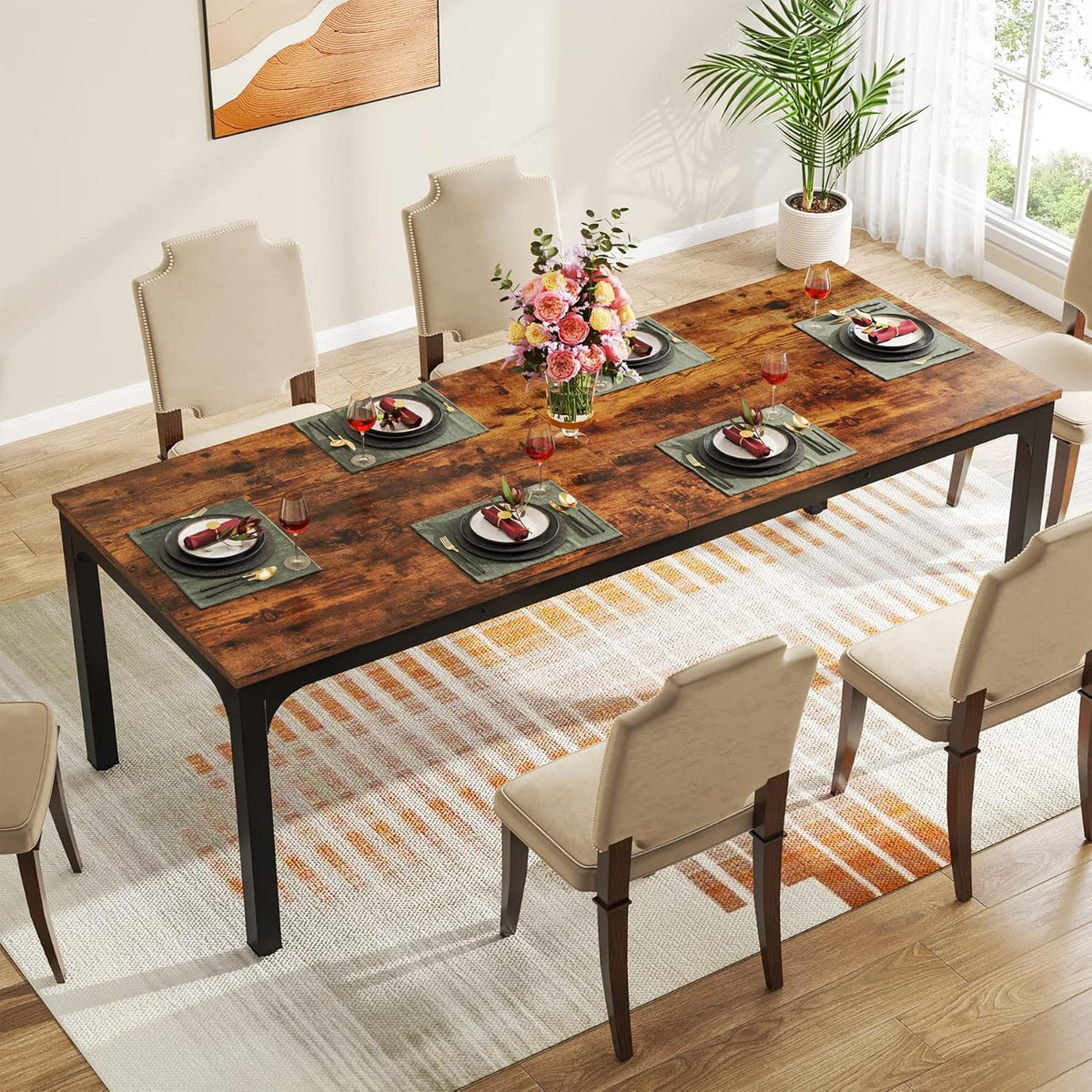 Tribesigns Dining Table for 6 to 8 People, 200 x 70 x 75 cm, Rectangular Kitchen Table with Sturdy Metal Legs for Living and Dining Room, Industrial Design, Rustic Brown