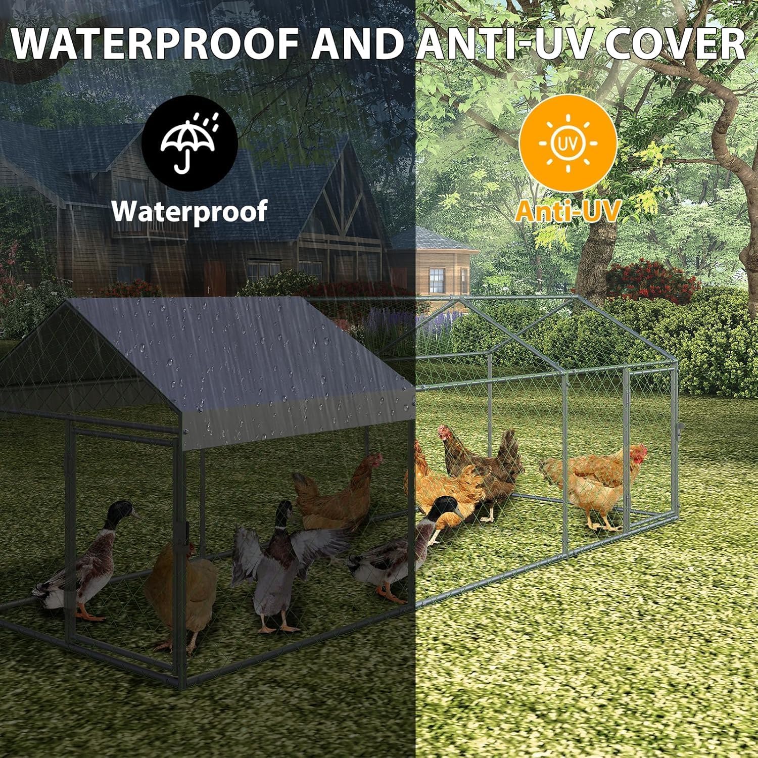 Zstar Large Chicken Coop, 304 x 100 x 100 cm, Galvanised Steel Roof Poultry House, with Sun Roof and Door, Small Animal House, Free Running for Chickens, Rabbits and Ducks in the Backyard, Silver - QUORE