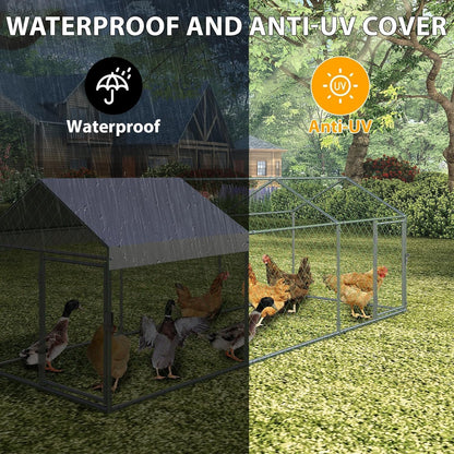 Zstar Large Chicken Coop, 304 x 100 x 100 cm, Galvanised Steel Roof Poultry House, with Sun Roof and Door, Small Animal House, Free Running for Chickens, Rabbits and Ducks in the Backyard, Silver - QUORE