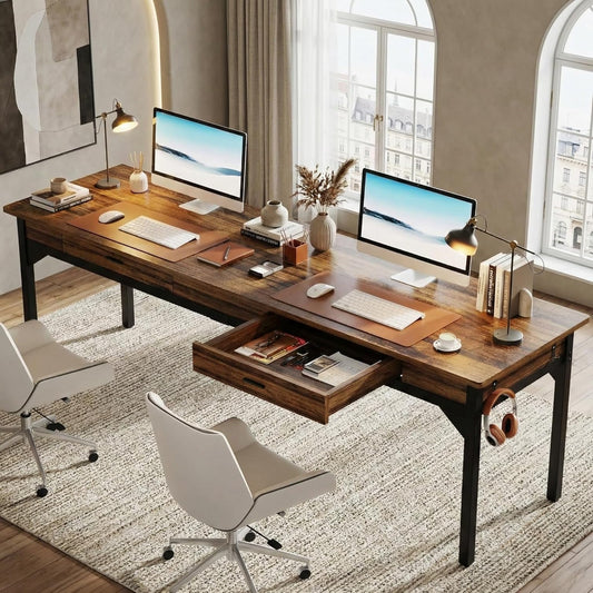 Bureau – Computerbureau – Bureautafel – Gaming bureau – Werktafel – Dubbel bureau 200x60 cm – Met 2 lades – Rustiek bruin - QUORE