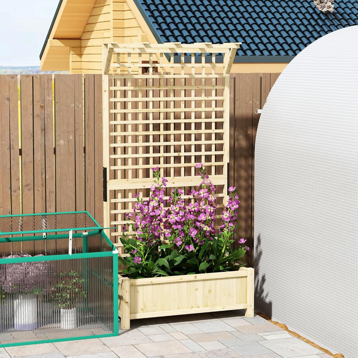Outsunny Raised Planter with Trellis, Wooden Flower Box with Trellis, Garden Trellis 90 x 45 x 183 cm for Garden, Balcony, Patio, Flower Box for Climbing Plants and Hanging Plants