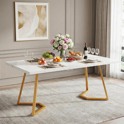 Ovale Eettafel – Ronde Tafel – Marmeren Eettafel – Witte Eettafel – 6 Persoons Tafel – 140x80x75 cm – Wit Met Gouden Accenten – Met Stevig Metalen Onderstel
