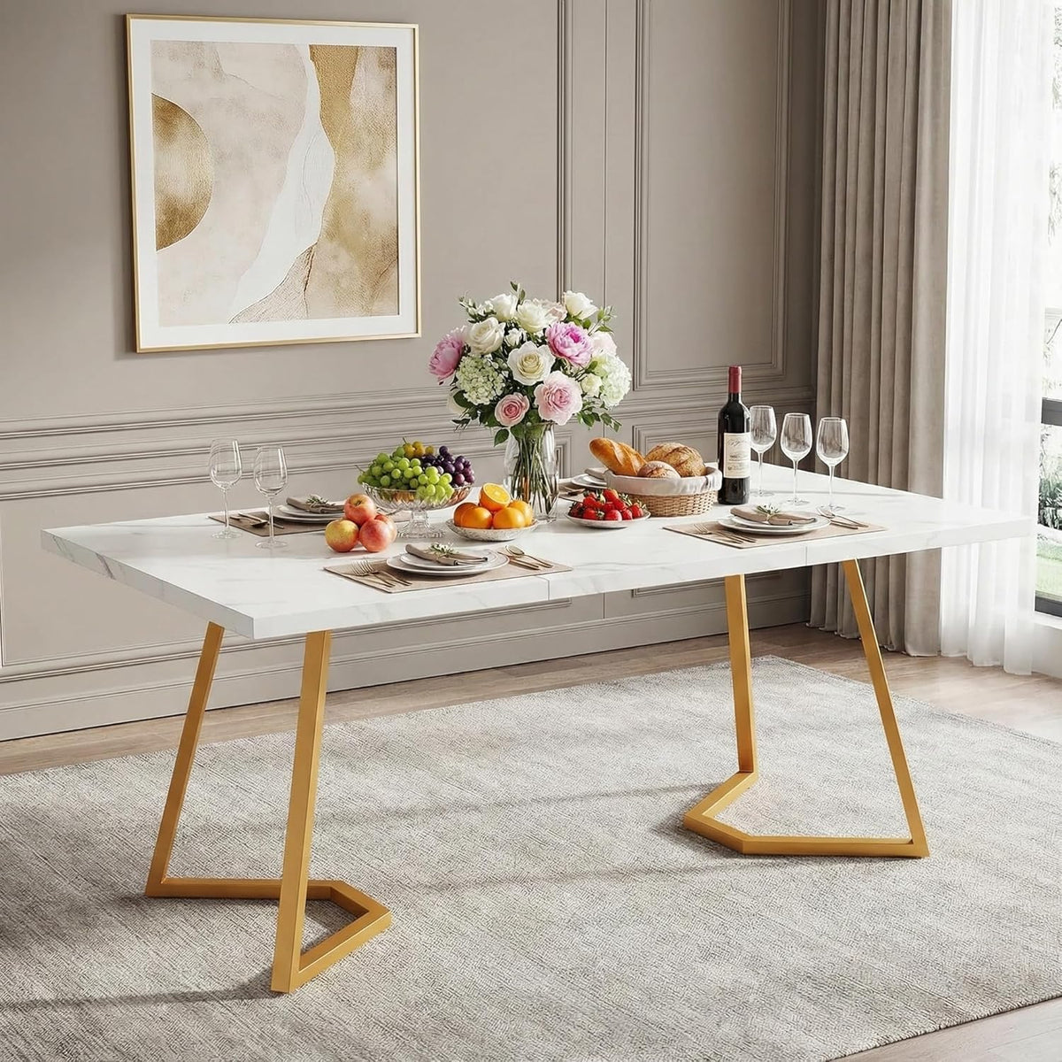 Lailang 140cm Eettafel, Oval Dining Table, Eetkamertafel Marmer, Eettafel 6 Personen, White Dining Table, 140 x 80 x 75 cm, White Gold