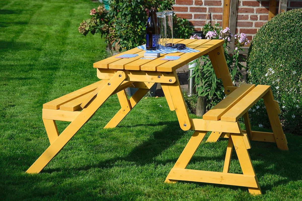 dobar® 29301FSCe Picknickbank, 2-in-1, groot, multifunctionele tuinbank, massief hout, zitbank en tafel voor 4 personen, outdoor zitmeubel, 138 x 144 x 77 cm, naturel