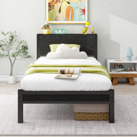 DUMEE Eenpersoonsbedframe met houten opbergplank hoofdeinde, 3FT metalen platform bedframe eenpersoonsbed, geen boxspring nodig, verbeterde ondersteuning, zwart eiken
