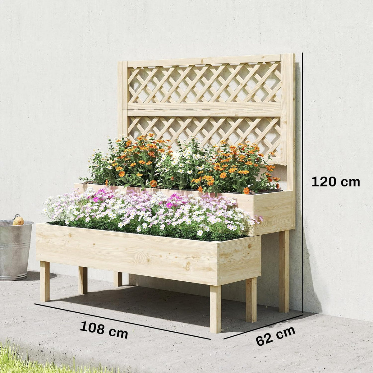 Outsunny Raised Planter with Trellis, 2-Step Flower Box with 2 Planters, Felt Fabric, Wooden Planter for Climbing Planters, Garden 108 x 62 x 120 cm