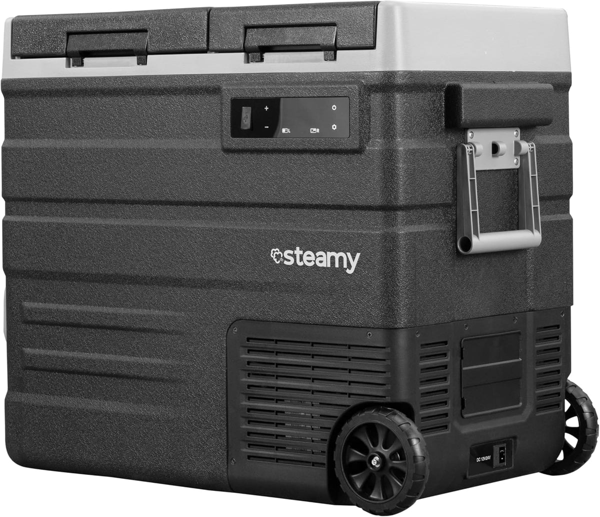 Steamy-E Dual Zone 65 Roller, Elektrische Compressor Koelbox met wielen, 57 Liter, 12V/230V, voor vriezen en koelen van -20 tot +20, ideaal voor op de camping