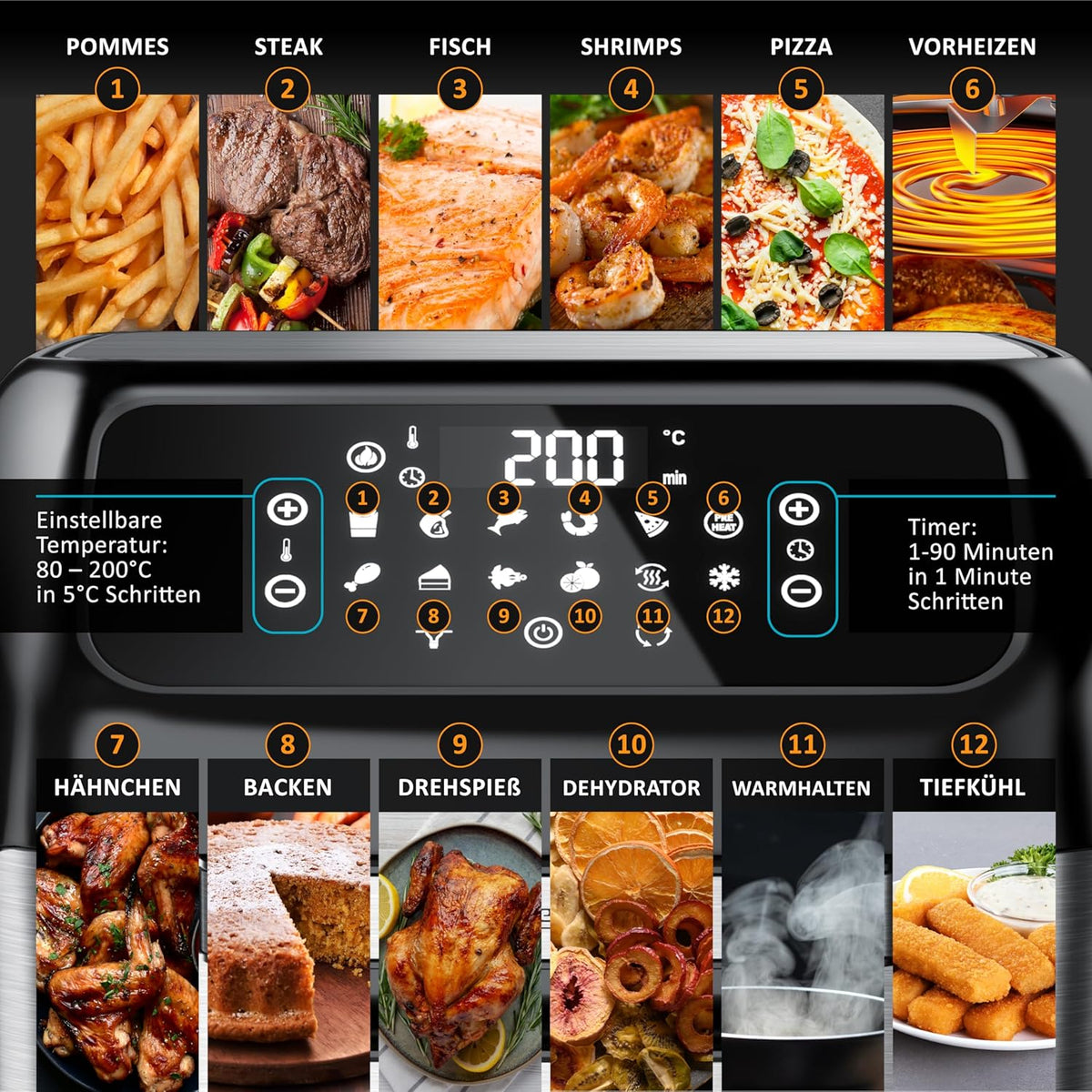 Arendo - 4-in-1 heteluchtfriteuse 12 liter – grill – droogautomaat – oven – airfryer – led-touchscreen – Easy&Clean – draaigrill zonder olie – circulatielucht – pizza kip frietjes – BPA-vrij