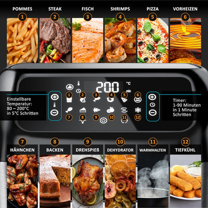 Arendo - 4-in-1 heteluchtfriteuse 12 liter – grill – droogautomaat – oven – airfryer – led-touchscreen – Easy&Clean – draaigrill zonder olie – circulatielucht – pizza kip frietjes – BPA-vrij