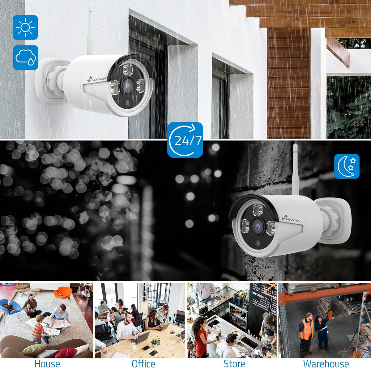 Nivian Draadloze bewakingscameraset, 2K, met 10-kanaals recorder en 4 waterdichte buitencamera's, IP66, nachtzicht, bewegingsdetectie, eenvoudige installatie zonder kabel, meldingen in de app