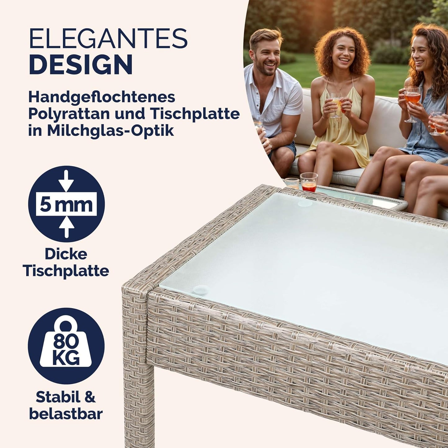 CASARIA® Garden furniture set weatherproof 4 people outdoor incl. cushions polyrattan 2 armchairs garden bench table garden terrace balcony furniture lounge cream - QUORE