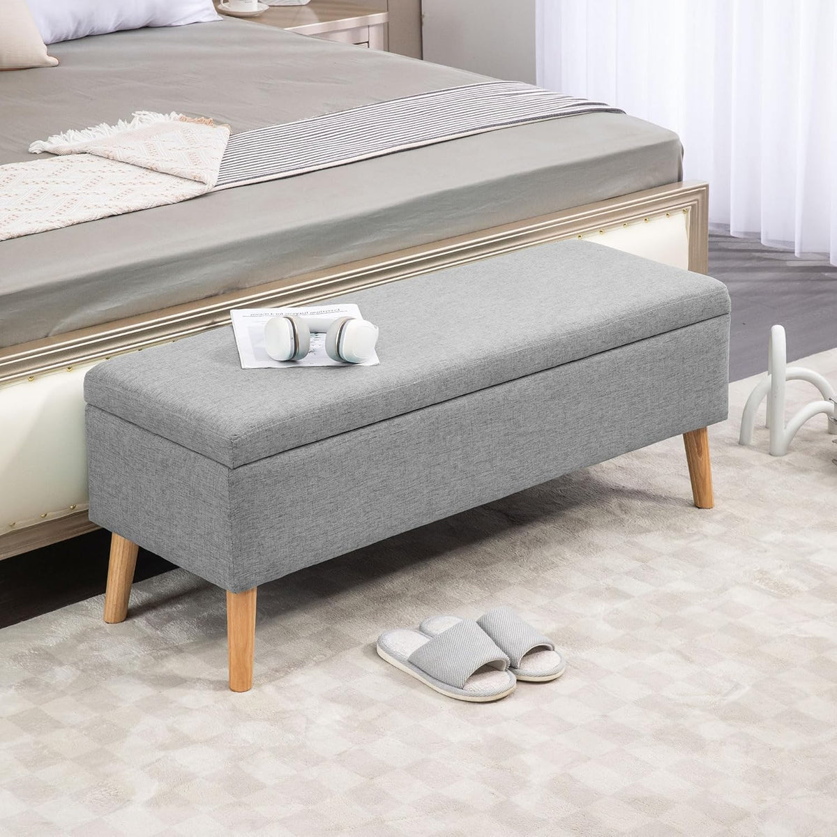 HOMCOM Sofa Sofa Upholstered Sofa with Storage Space Sofa Bed Linen Look for Hallway, Bedroom, Living Room, Rubber Wood, Grey, 110 x 39 x 45 cm - QUORE
