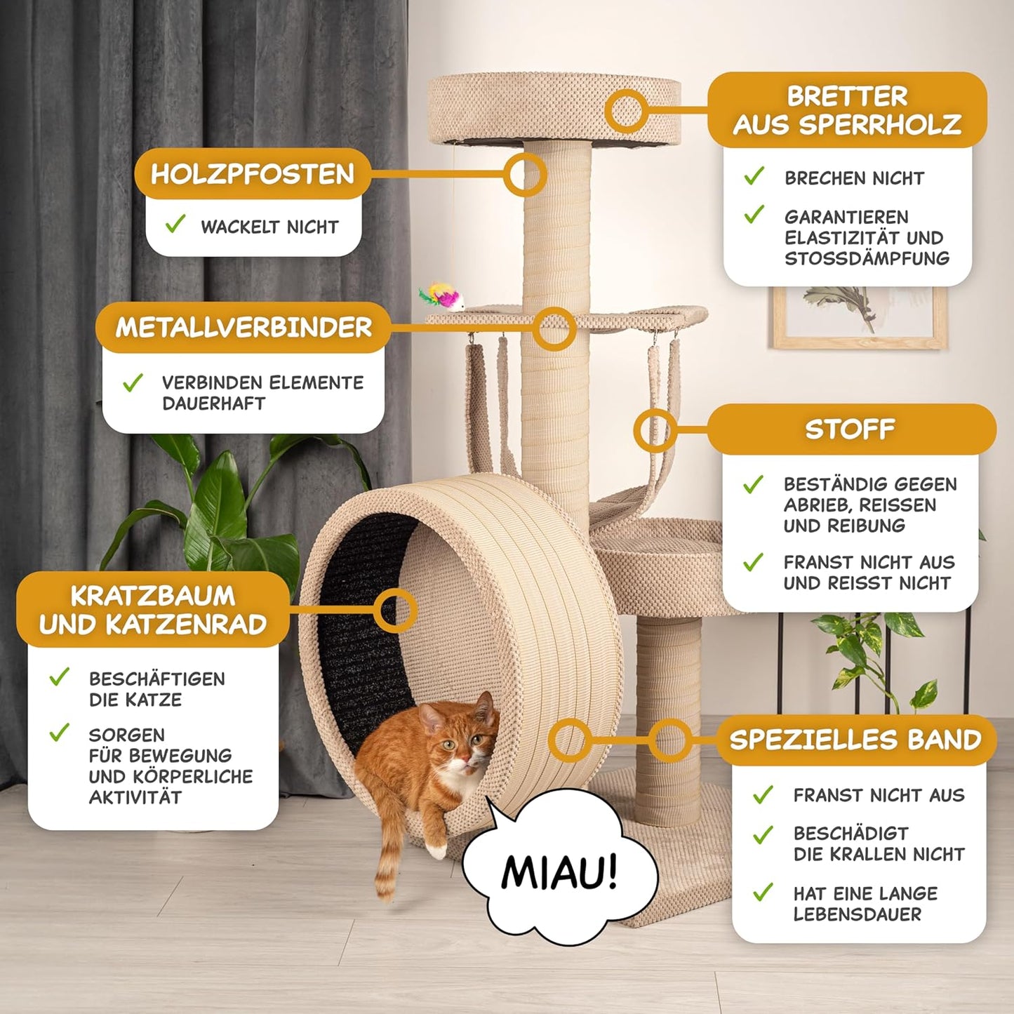 Krabpaal – Krabmeubel – Klimpaal – Kattenboom – Krabton – Beige – 135 cm Hoog – Inclusief Balansfiets