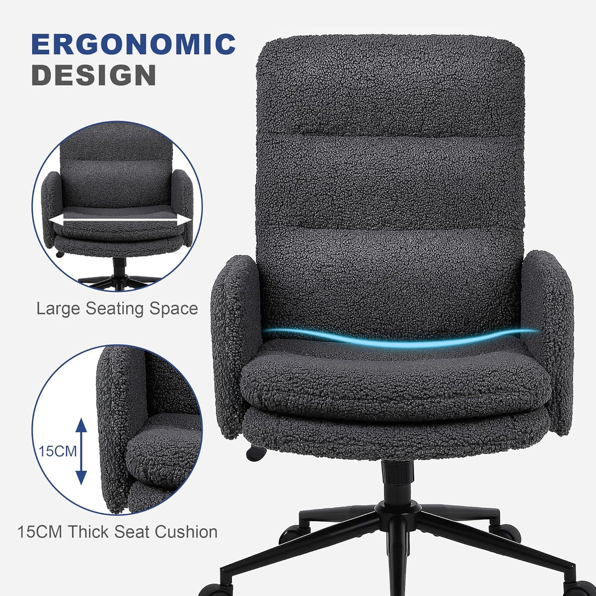 Youhauchair Bureaustoel met hoge rugleuning, bureaustoel van imitatiebont met verstelbare hoogte, comfortabele kaptafel van kasjmier, ergonomische bureaustoel voor thuis, donkergrijs