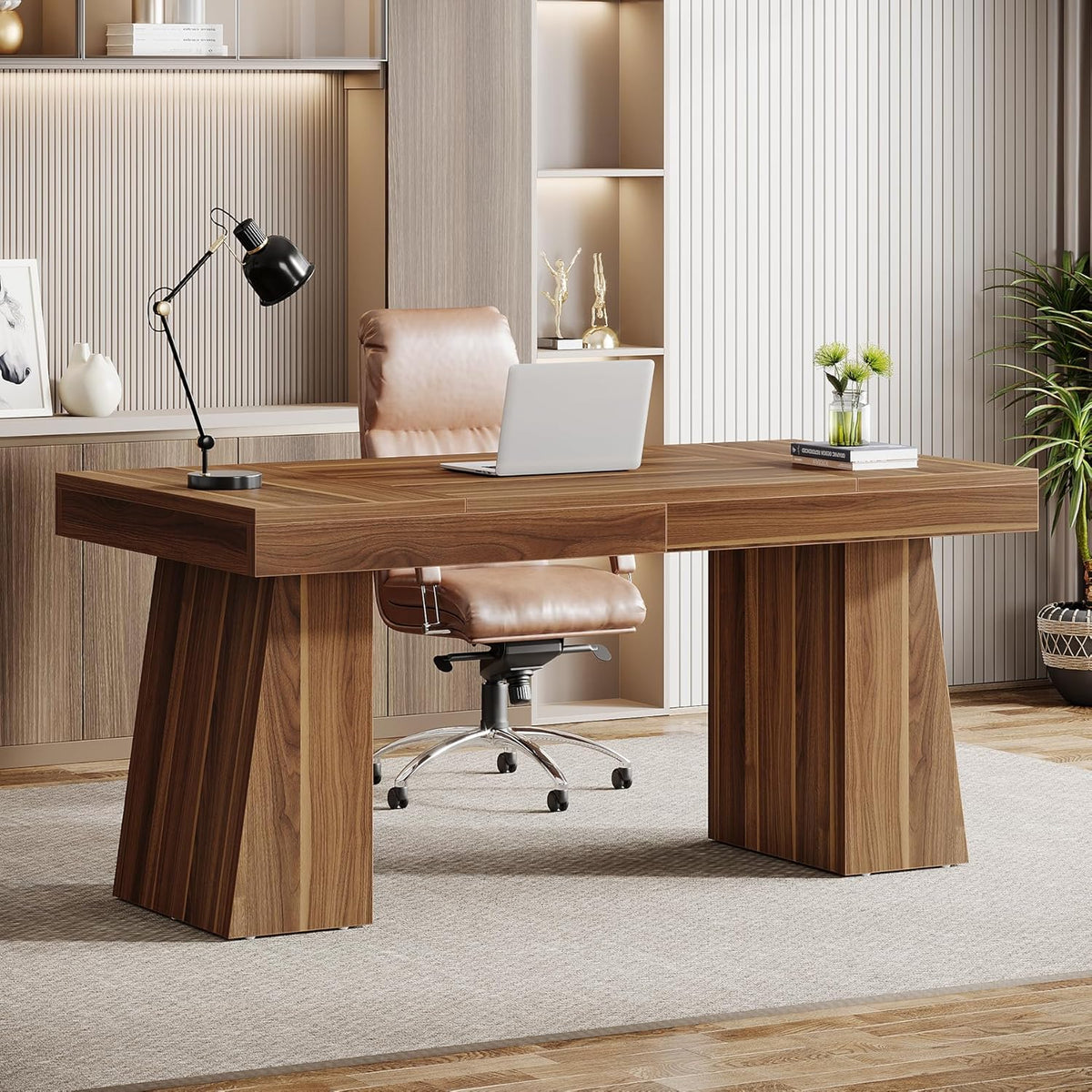 Tribesigns 55 inch Executive Desk, Mid-Century Modern Home Office Desk with Double Trapezoid Base, Wooden Computer Desk Business Workstation Desk Small Conference Table, Brown