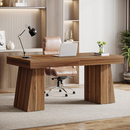 Tribesigns 55 inch Executive Desk, Mid-Century Modern Home Office Desk with Double Trapezoid Base, Wooden Computer Desk Business Workstation Desk Small Conference Table, Brown