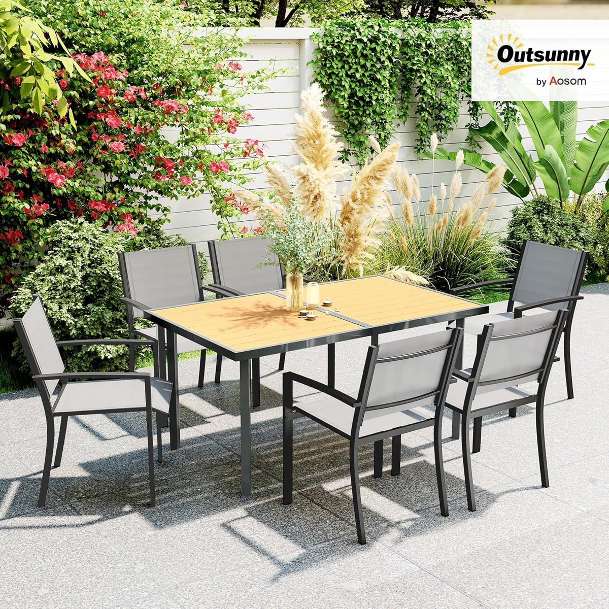 Outsunny Dining Table for 6 People, Garden Table with Rectangular Tabletop in Wood Look, Stainless Steel, for Patio, 150 x 90 x 72 cm, Natural Wood