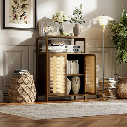 Badkamer Vloerstandaard Kast, Bamboe Opberg Organizer Tafel met 2 Rotan Deuren en 1 Plank, Houten Bijzetkast voor Hal, Wasserij, Keuken, Woonkamer (Walnoot)